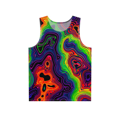 Flat lay of the Neon Spill men's tank top showing the full psychedelic print.