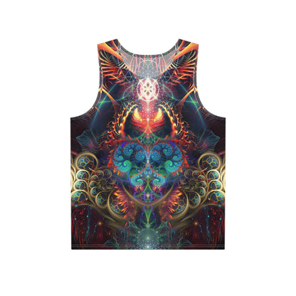 The Stimulous men's tank top laid flat, showing the full psychedelic print design.