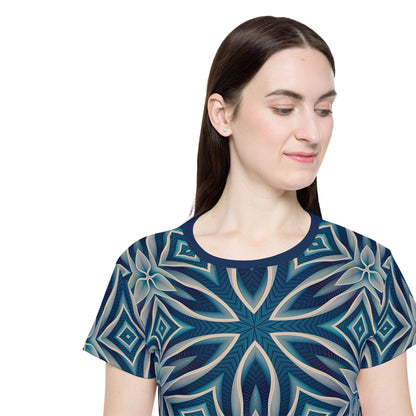Side angle of the "Ice Chant" women's sport tee highlighting the print pattern.