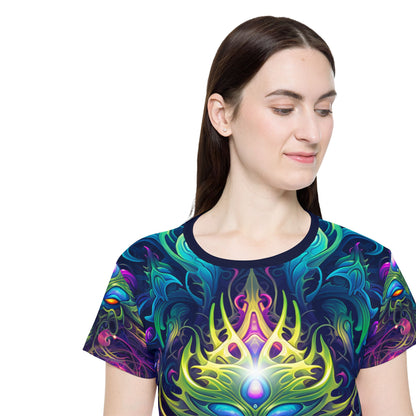 Folded view of the women's sport tee printed with the Gatekeepers design.