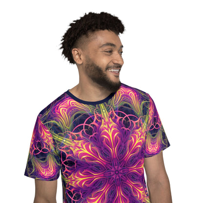 'Gatekeepers Mandala' sport tee for men, side view showing the full-length print.