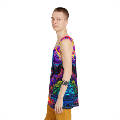 Corner view of the Acid Rain tank top highlighting the print colors.