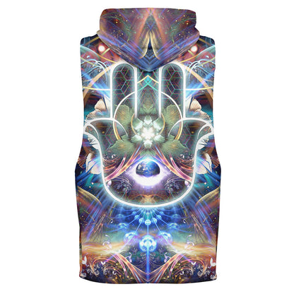 Ghost mannequin back view of the “Divine Protection” sleeveless hoodie, showing the all-over print.