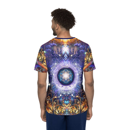 Overhead view of the "Immortal Truth" print men's sport tee laid flat.