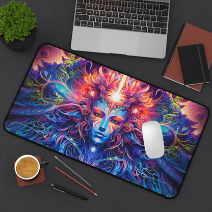The Sacred Vine Face Section desk mat on a desk with a monitor in the background.