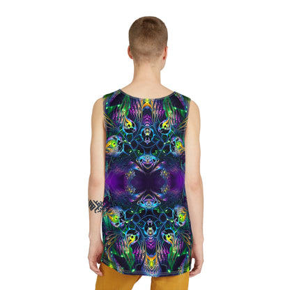 Angled view of the 'Awakened' men's tank top, showing the fit and drape of the fabric.