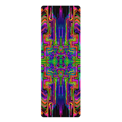 Borg Rave yoga mat laid flat, showing the centered bio-mechanical neon print with the top edge slightly rolled.