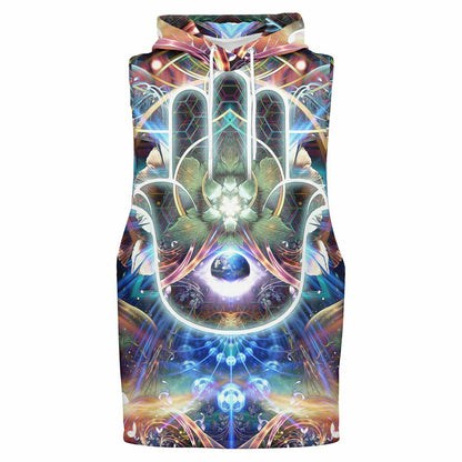 Ghost mannequin front view of the “Divine Protection” sleeveless hoodie, showing the drop armhole cut and hood.