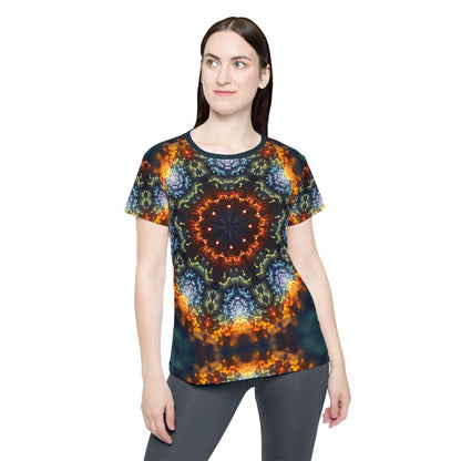 Side view of the Fractal Flower Mandala print on the women's sport tee.
