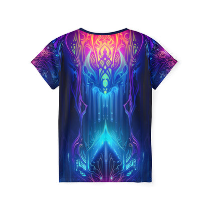 Angled view of the Midnight Spell women's sport tee highlighting the print pattern.