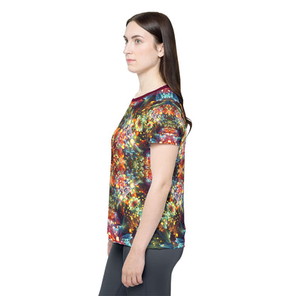 Overhead view of the "Kaleidobloom" print women's sport tee laid flat.