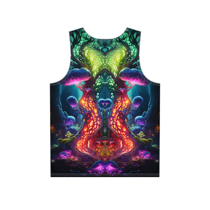 Close-up of the Fungal Abyss graphic printed on the tank top fabric.