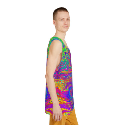 Side view of the 'UV Bleed' men's tank top highlighting the all-over print.