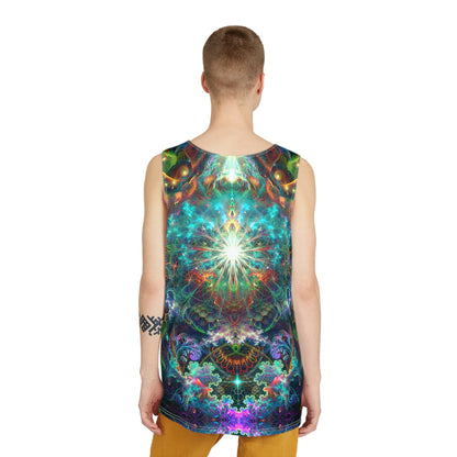Corner detail of the To Tree or Not to Tree print on a men's tank top.