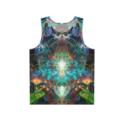 Front flat lay of the 'To Tree or Not To Tree' men's tank top showing the psychedelic all-over print.