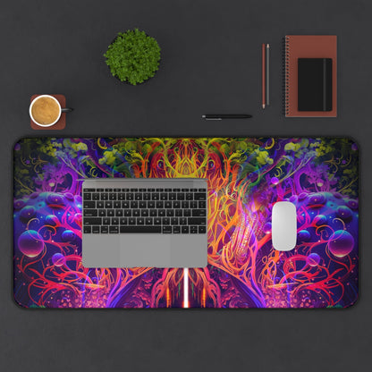 Wide desk setup shot with The Sacred Vine Top Section desk mat in place.