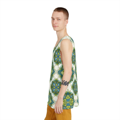Porcelain Bloom men's tank top laid flat, showing the full front print.