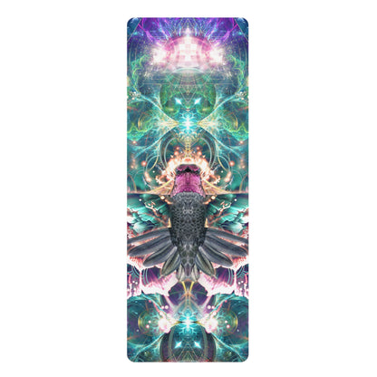 Nectar yoga mat unrolled on a white background showing the full mirrored hummingbird and sacred geometry print.