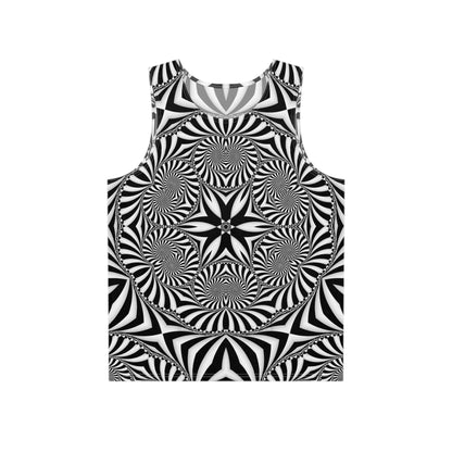 Front view of The Illusionist black and white men's tank top, full print visible.