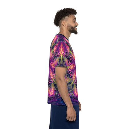 'Gatekeepers Mandala' sport tee for men, close-up of the sleeve print.