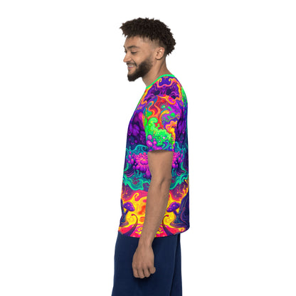 Side angle of the Mush Tree So Color sport tee showing the sleeve print.