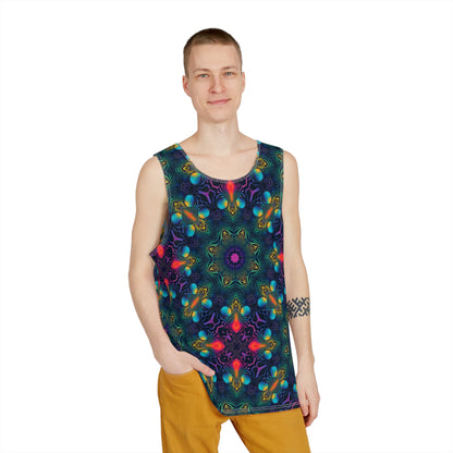 Angled view of the Cosmic Fingerprint V2 men's tank top showing the swirl pattern wrap.