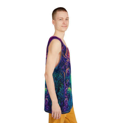 Side view of the 'Belladonna' men's tank top laid flat, showing the seam and armhole trim.