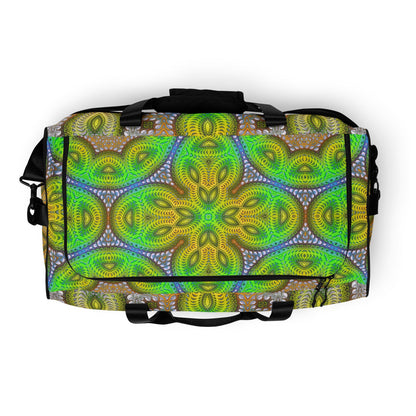 Product mockup of the 'Activation Initiated' duffle bag featuring its psychedelic all-over-print design.