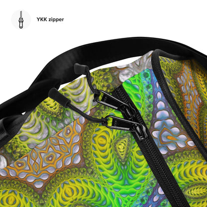 Product mockup of the 'Activation Initiated' duffle bag featuring its psychedelic all-over-print design.