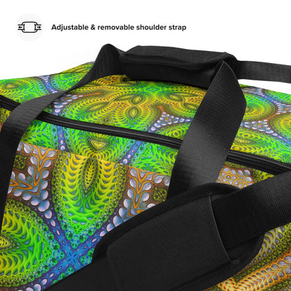 Photo of the 'Activation Initiated' duffle bag showcasing its all-over-print psychedelic artwork.