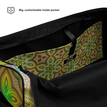 Product photo of the 'Activation Initiated' duffle bag showing its psychedelic all-over-print artwork.