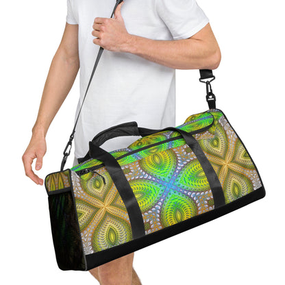 Another product photo of the 'Activation Initiated' duffle bag highlighting its all-over-print design.
