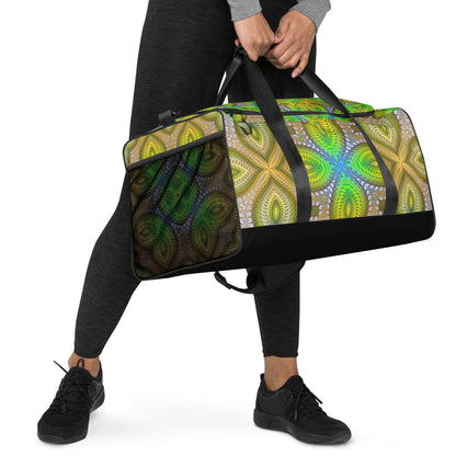 Studio photo of the 'Activation Initiated' duffle bag displaying its all-over-print psychedelic design.