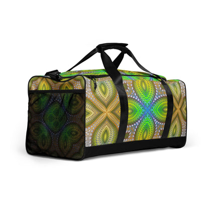 Product shot of the 'Activation Initiated' duffle bag highlighting its psychedelic print artwork.