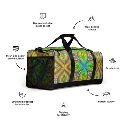 Another product photo of the 'Activation Initiated' duffle bag highlighting its all-over-print design.