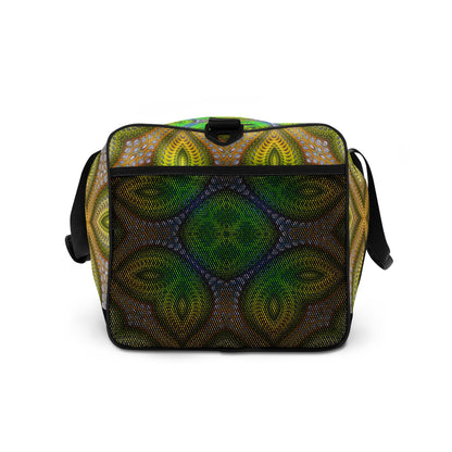 Detail-rich photo of the 'Activation Initiated' duffle bag showing its all-over-print artwork.