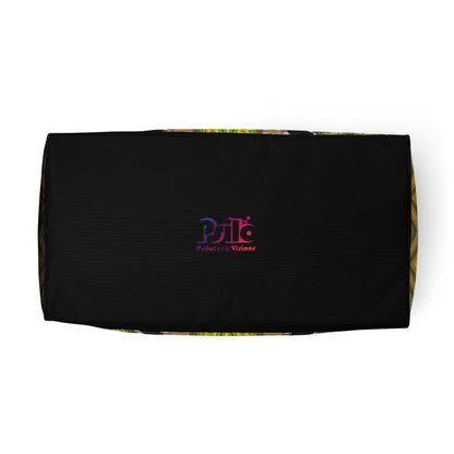 Photo of the 'Activation Initiated' duffle bag showcasing its all-over-print psychedelic artwork.