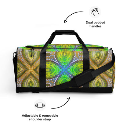 Product photo of the 'Activation Initiated' duffle bag showing its psychedelic all-over-print artwork.