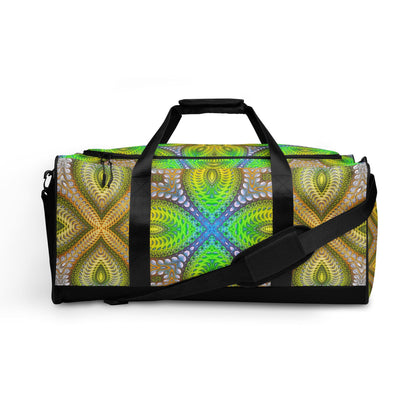 Another product photo of the 'Activation Initiated' duffle bag highlighting its all-over-print design.
