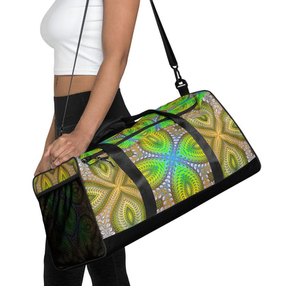 Studio photo of the 'Activation Initiated' duffle bag displaying its all-over-print psychedelic design.