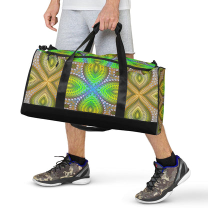 Product shot of the 'Activation Initiated' duffle bag highlighting its psychedelic print artwork.