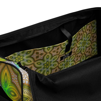 Detail-rich photo of the 'Activation Initiated' duffle bag showing its all-over-print artwork.