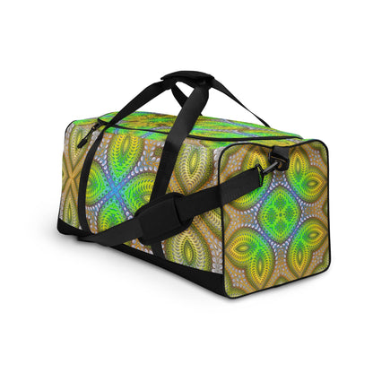 Product mockup of the 'Activation Initiated' duffle bag featuring its psychedelic all-over-print design.