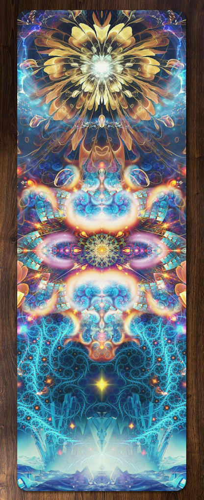 The Polaris yoga mat's golden flower burst blending into a blue cosmic fractal print.