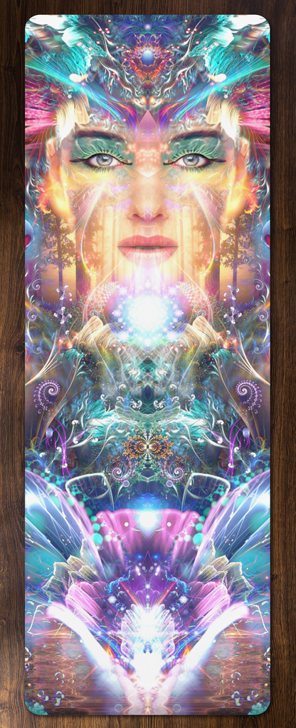 Full flat view of the Medicina yoga mat showing the psychedelic edge-to-edge print.