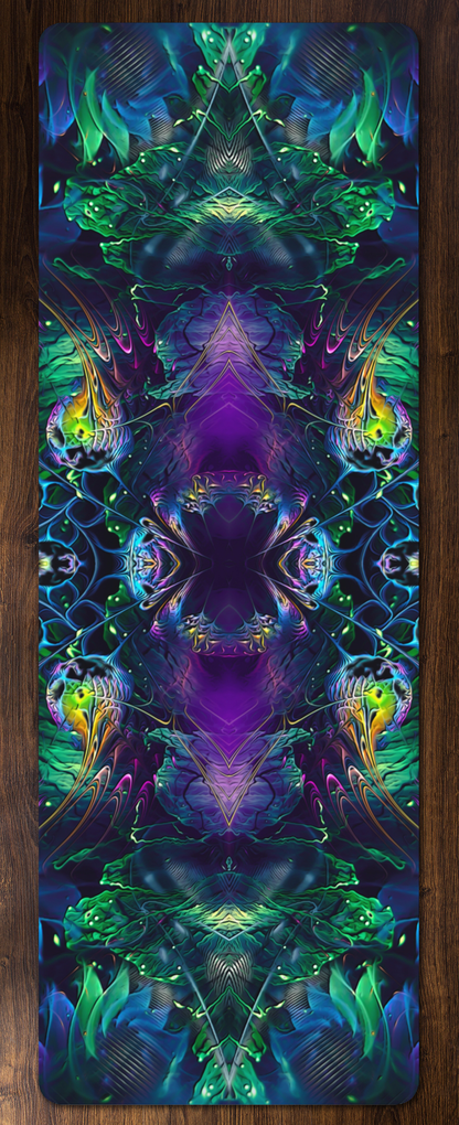 Awakened yoga mat laid flat on a wood floor, showing its full green, blue and purple psychedelic mandala print.