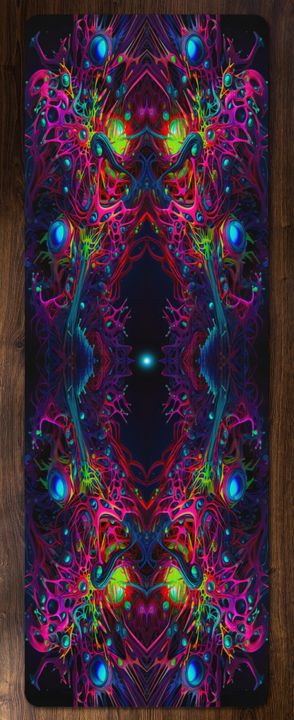 The Peculiarity yoga mat laid flat on a wood floor, showing its full symmetrical pink, teal, and green psychedelic print.
