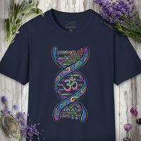 Front of a navy unisex t-shirt printed with the 