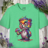 Heather green Tripping Bear t-shirt lying flat, printed with a rainbow drip-paint bear cub holding a mushroom.
