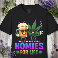Front view of a t-shirt printed with cartoon beer and cannabis leaf buddies in sunglasses above Homies For Life text.